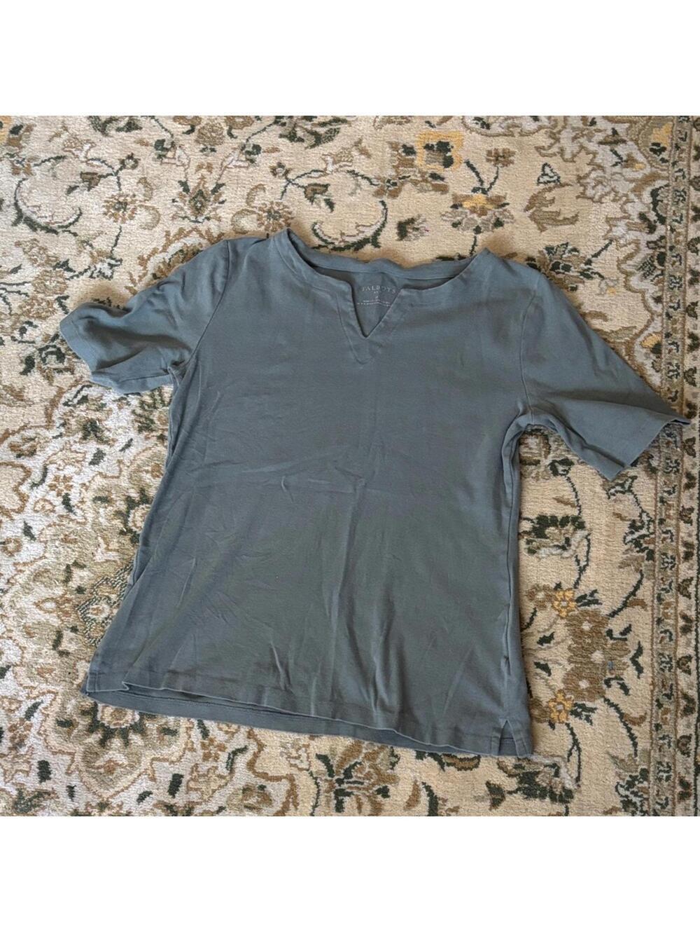 Talbots Mossy Green V Neck Short Sleeve 100% Cotton Top Casual Work Office Basic